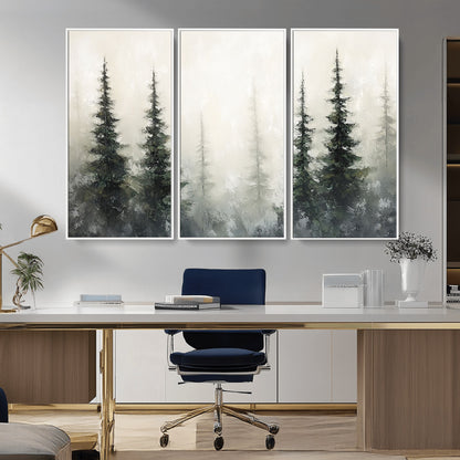Soft and misty pine forest painting in neutral earthy tones, ideal for calm woodland or minimalist rustic home decor.