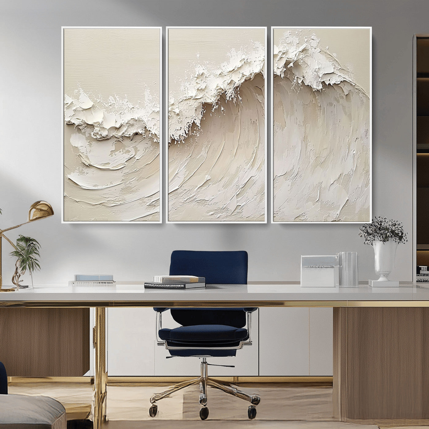 Textured canvas of an abstract white ocean wave in neutral tones, ideal for modern coastal or minimalist home decor.