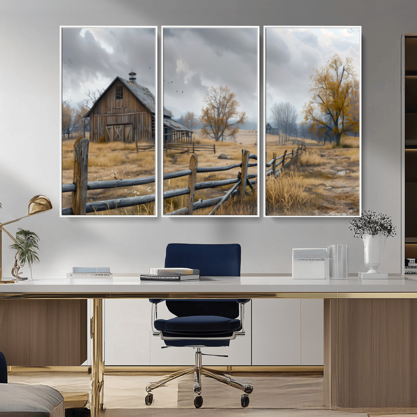 A tranquil rural scene featuring a rustic barn, overcast skies, and golden fields with scattered trees, evoking a sense of peaceful solitude in nature.