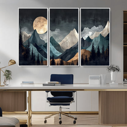Stylized canvas of layered mountains under a full moon in neutral moody tones, ideal for nature-inspired or modern rustic interiors.