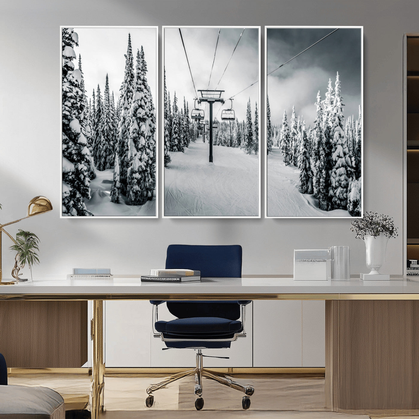 Canvas of a snowy ski lift scene through a forest of tall pine trees, ideal for moody winter or alpine-themed home decor.