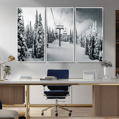 Canvas of a snowy ski lift scene through a forest of tall pine trees, ideal for moody winter or alpine-themed home decor.