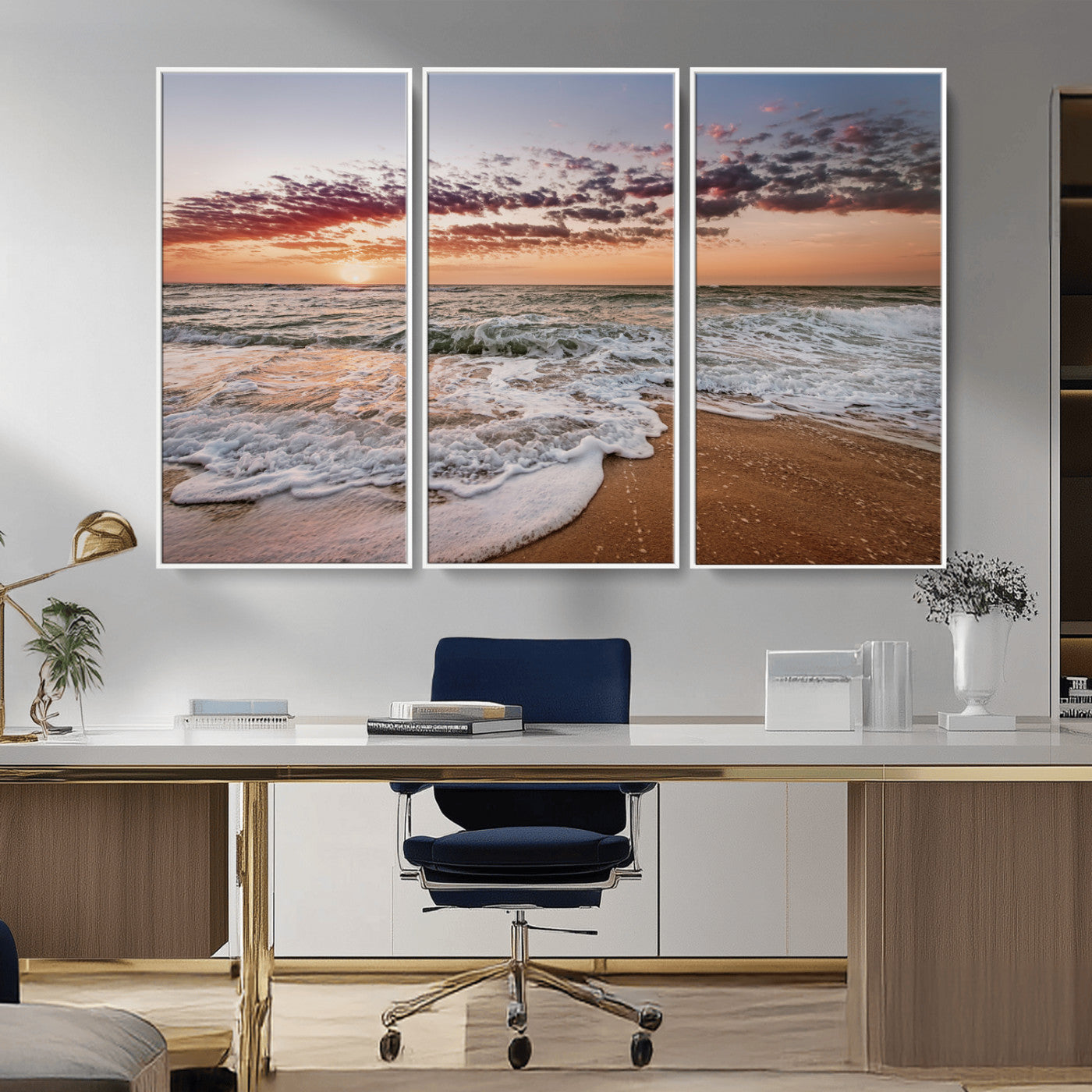Canvas of a sunset over a foamy ocean shore with warm light and gentle waves, ideal for coastal or beach-themed home decor.