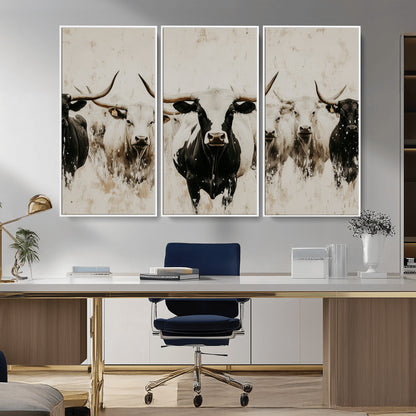 Illustrated herd of longhorn cattle in black and white tones with a neutral textured background, perfect for rustic or farmhouse-style decor.