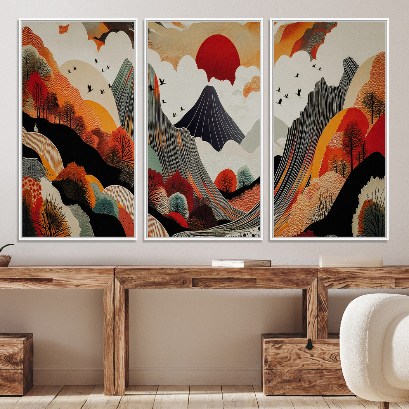 Abstract Mountain Wall Art Canvas Print, Vibrant Landscape Print, Framed Stylized Nature Drawing Art Print, Large Sunset Mountains Printing Perfect for Contemporary Minimalist Decor