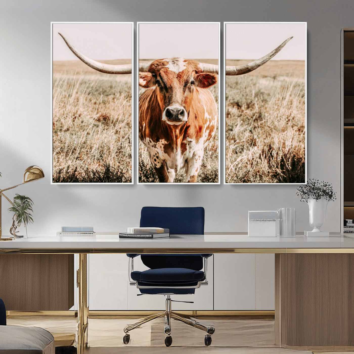Framed longhorn cow canvas wall art with rustic prairie background, western animal print perfect for farmhouse or ranch style decor