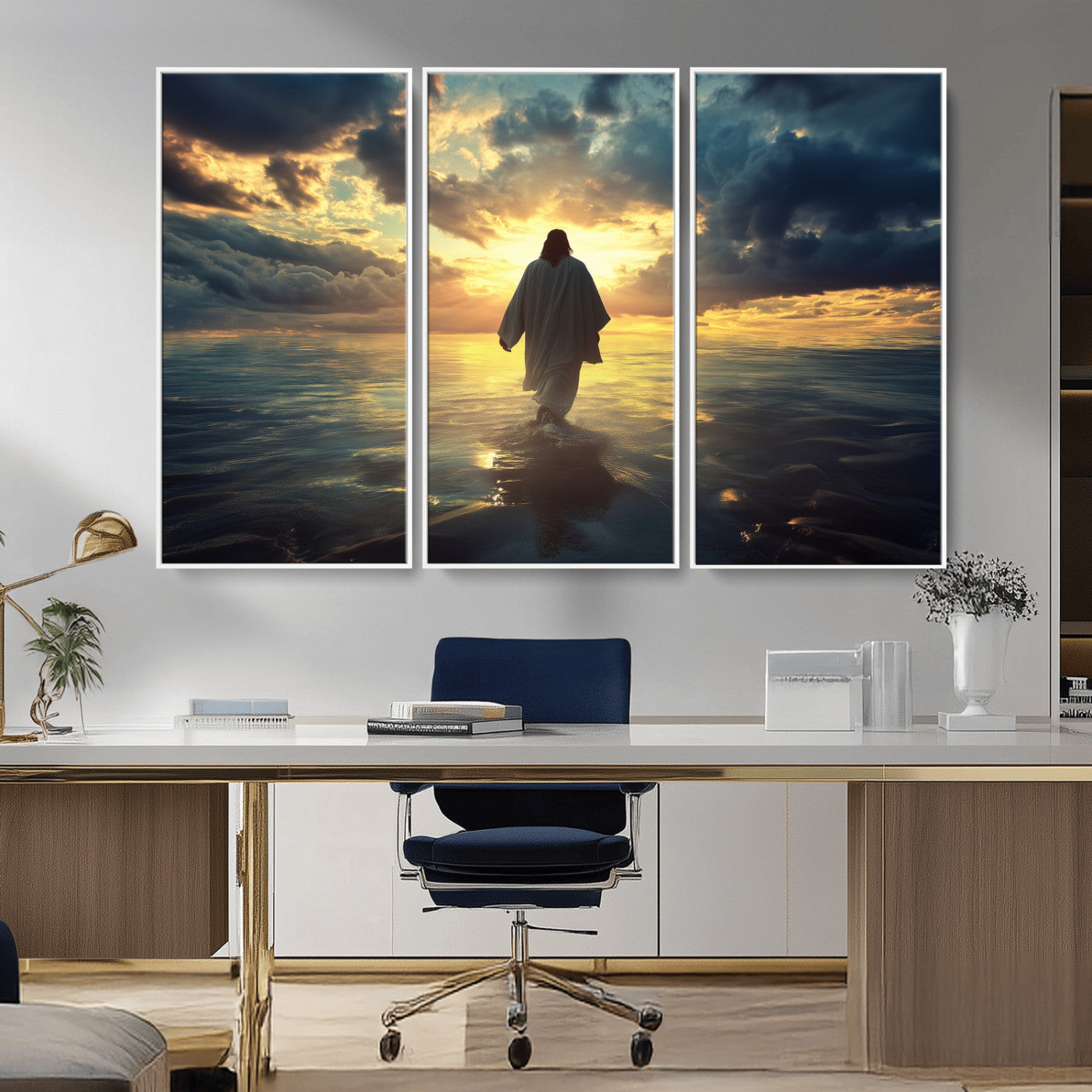 Spiritual artwork of Jesus walking on water at golden hour with divine light, ideal for Christian home decor or prayer room.