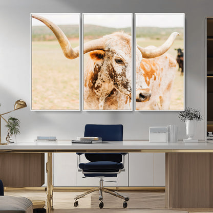 Close-up of a speckled Texas Longhorn in warm prairie tones, perfect for rustic western or countryside-themed room decor.