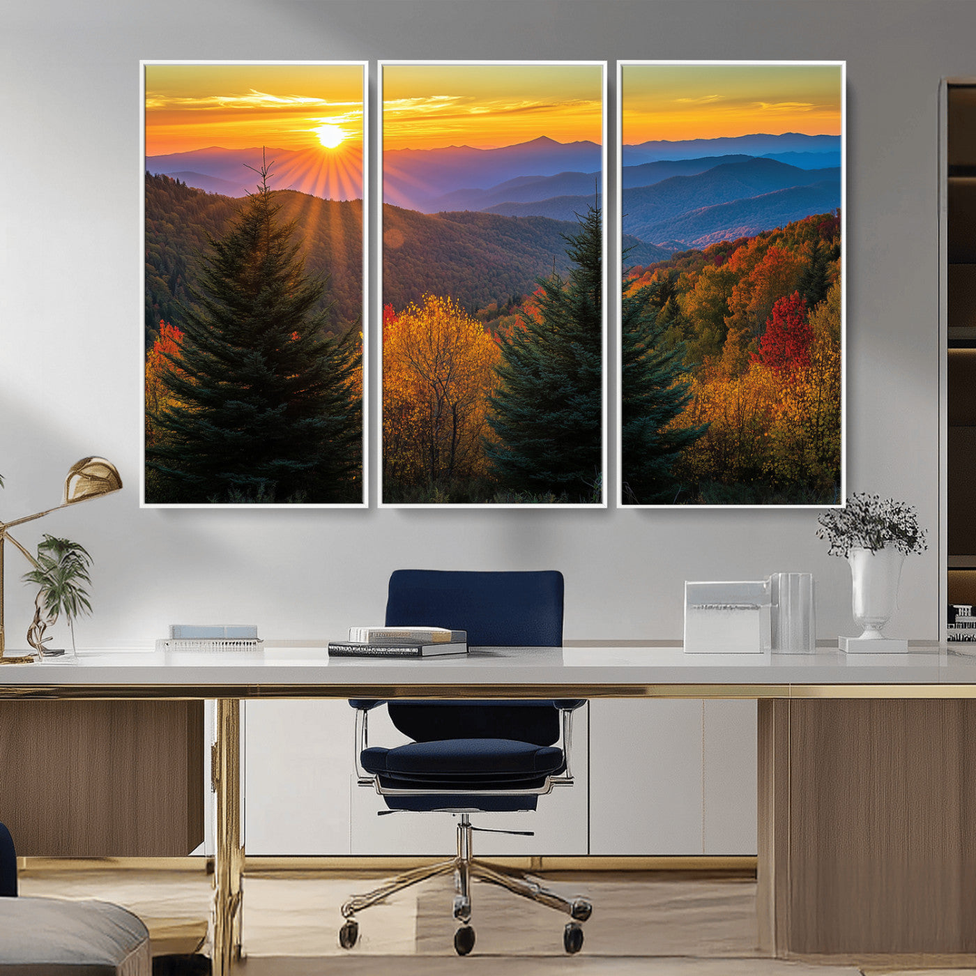 Vibrant sunset over autumn mountains with colorful trees and warm light, ideal for nature lovers or cabin-style wall decor.