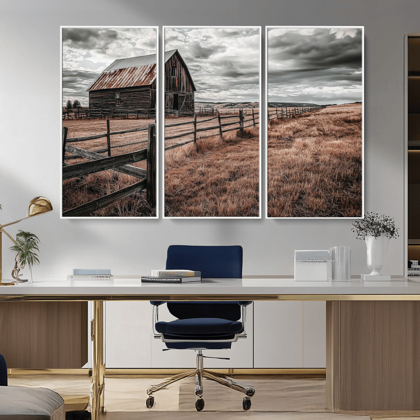 Framed canvas of a rustic barn under a moody sky with weathered fence and dark fields, ideal for farmhouse or rural-style wall decor.