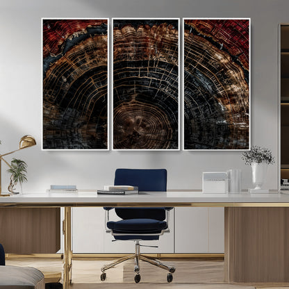Dark Wood Wall Art Print - Petrified Tree Canvas Print, featuring an intricate tree ring pattern with deep earthy tones and organic textures, perfect for rustic and nature-inspired decor.