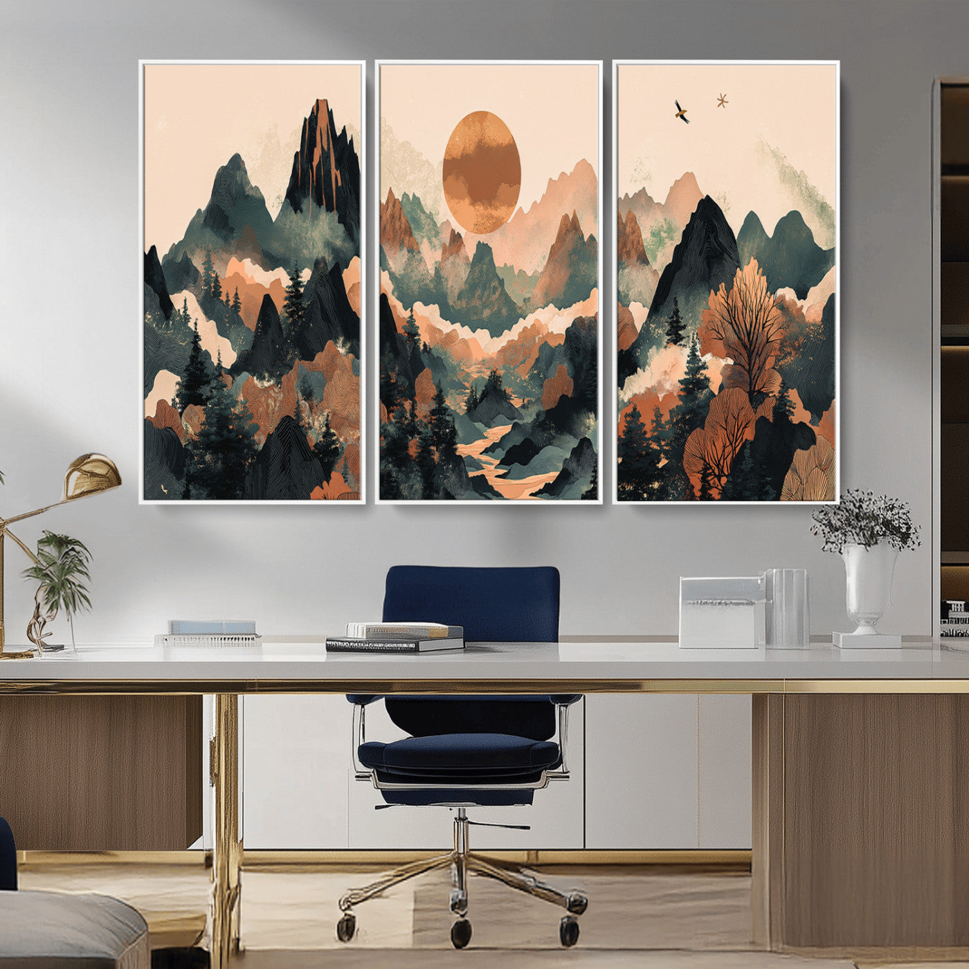 Mountain Landscape Wall Art Print - Sunset Hills Canvas Print, featuring an abstract nature scene with earthy tones and misty peaks, perfect for boho and modern decor.