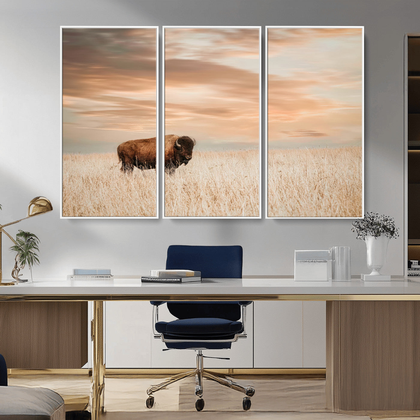 Bison Wall Art Print - Buffalo Canvas Print, featuring a lone bison in a golden prairie under a warm sunset sky, perfect for rustic and farmhouse decor.