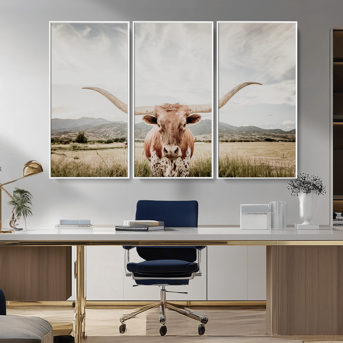 Longhorn Wall Art Print - Western Cow Canvas Print, featuring a majestic Texas longhorn in a rustic prairie setting, perfect for farmhouse and western decor.