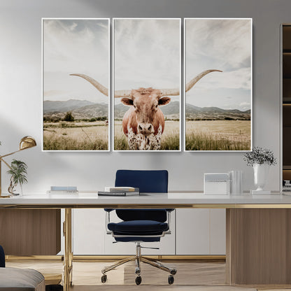 Longhorn Wall Art Print - Western Cow Canvas Print, featuring a majestic Texas longhorn in a rustic prairie setting, perfect for farmhouse and western decor.