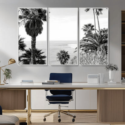 Monochrome canvas of palm trees framing a coastal surf scene, perfect for California-inspired or retro black-and-white beach decor.