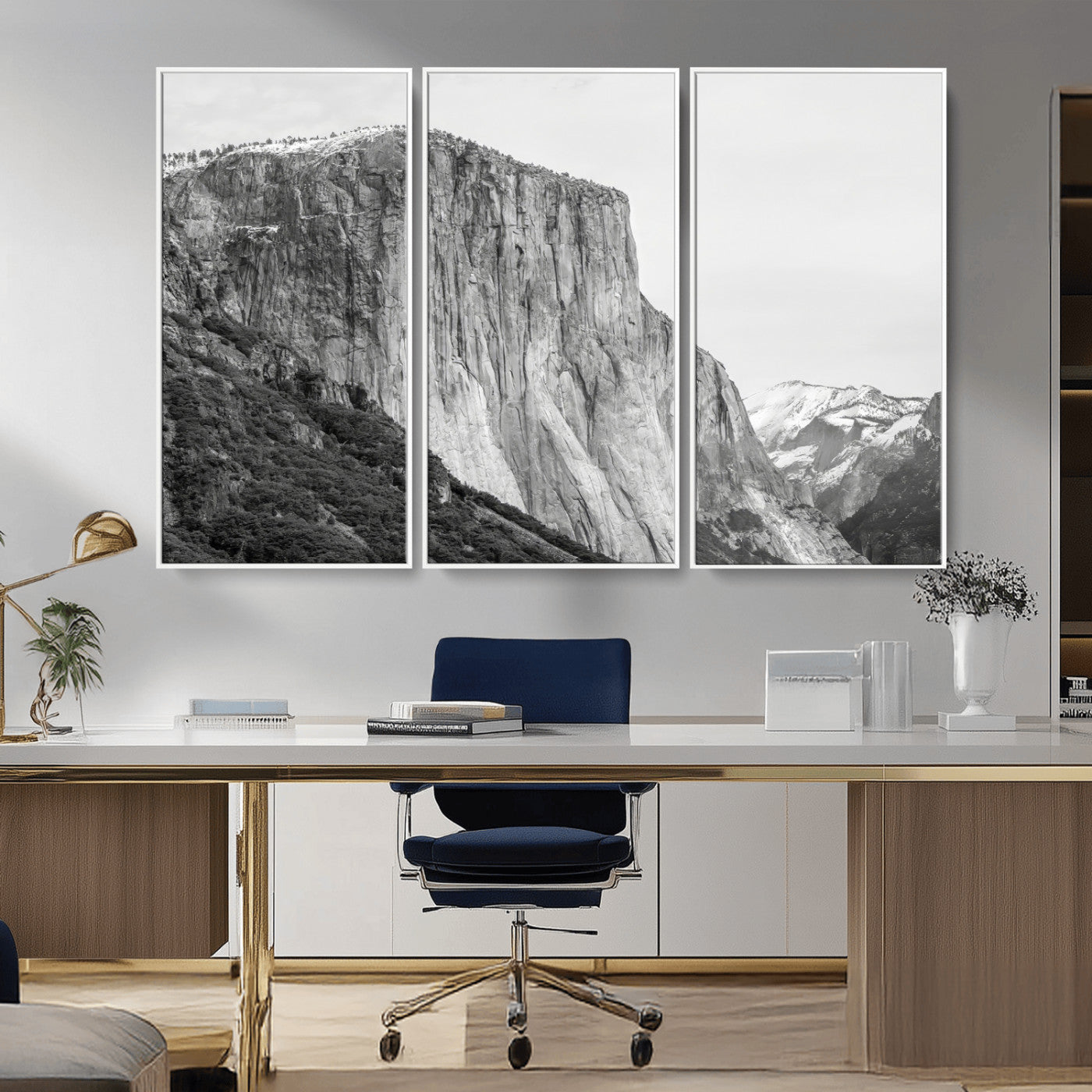 Monochrome canvas of El Capitan’s granite wall in Yosemite with snowy peaks, ideal for dramatic mountain or black-and-white nature decor.
