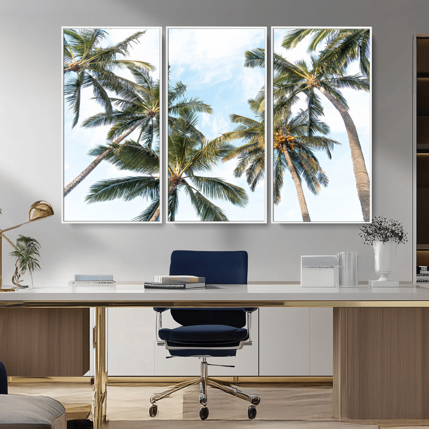 Framed canvas of tall palm trees reaching into a tropical sky, ideal for beach home or relaxed island-inspired wall decor.