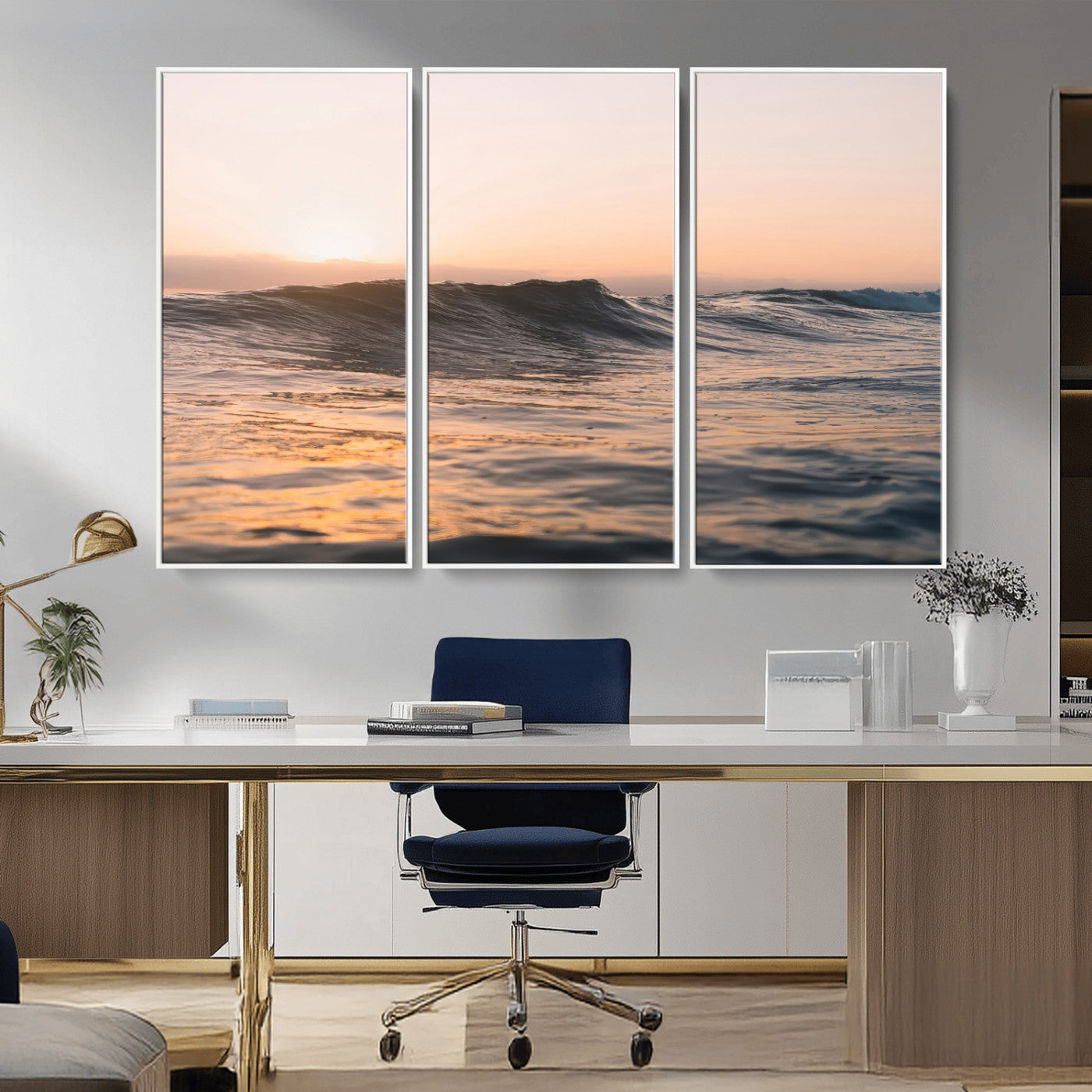 Framed canvas of ocean waves glowing in sunset light, ideal for golden hour calm or peaceful coastal-inspired wall decor.