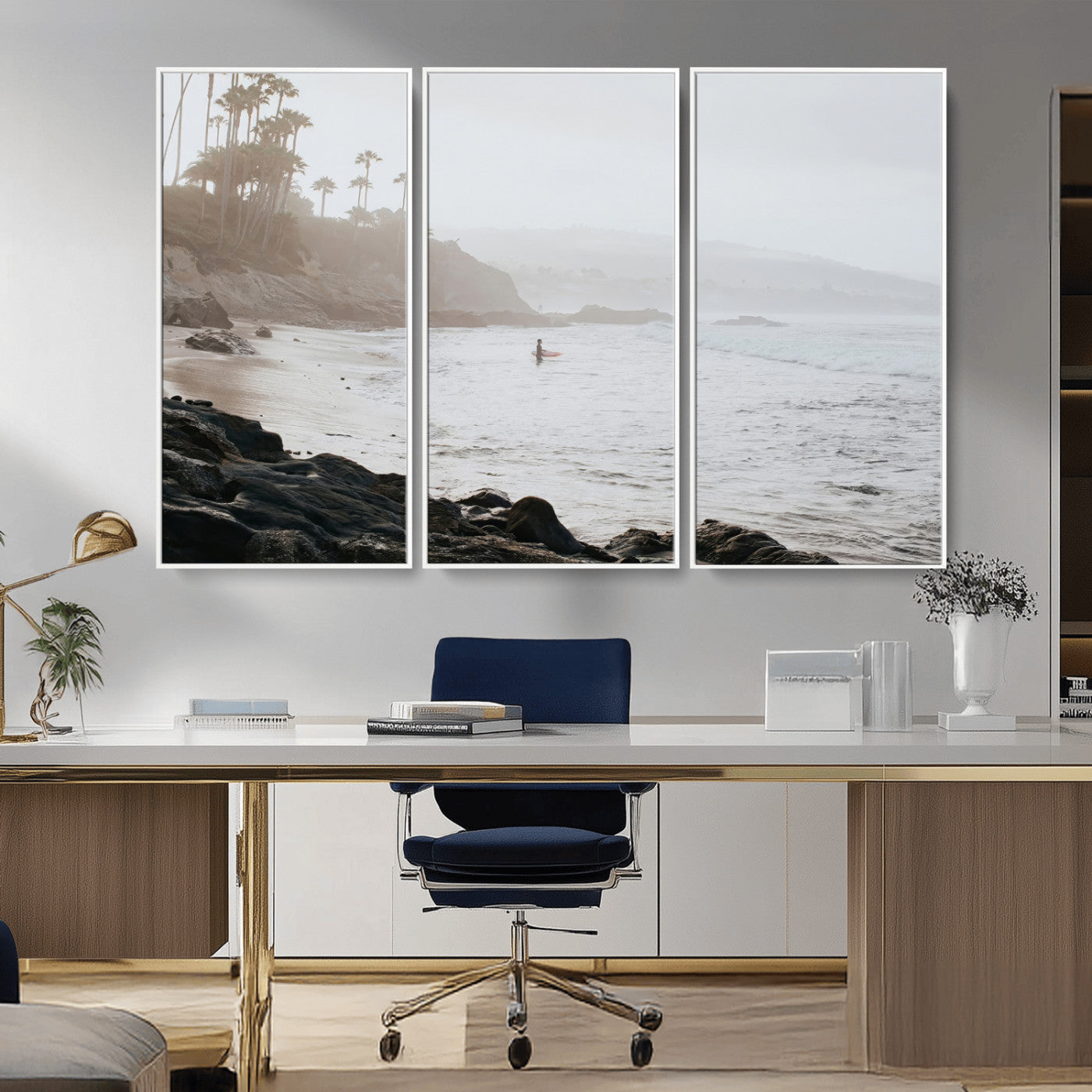 Framed canvas of a surfer in misty coastal tones at a foggy California beach, ideal for minimalist coastal beach or serene ocean-themed decor.