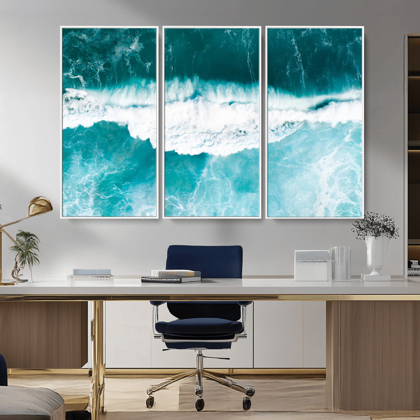 Aerial view of turquoise ocean waves crashing with white foam, perfect for tropical coastal or modern beach-style home decor.