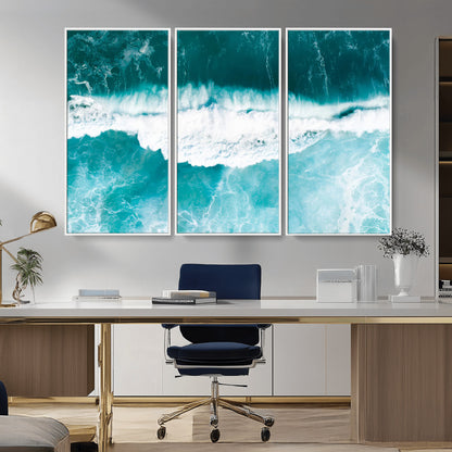 Aerial view of turquoise ocean waves crashing with white foam, perfect for tropical coastal or modern beach-style home decor.