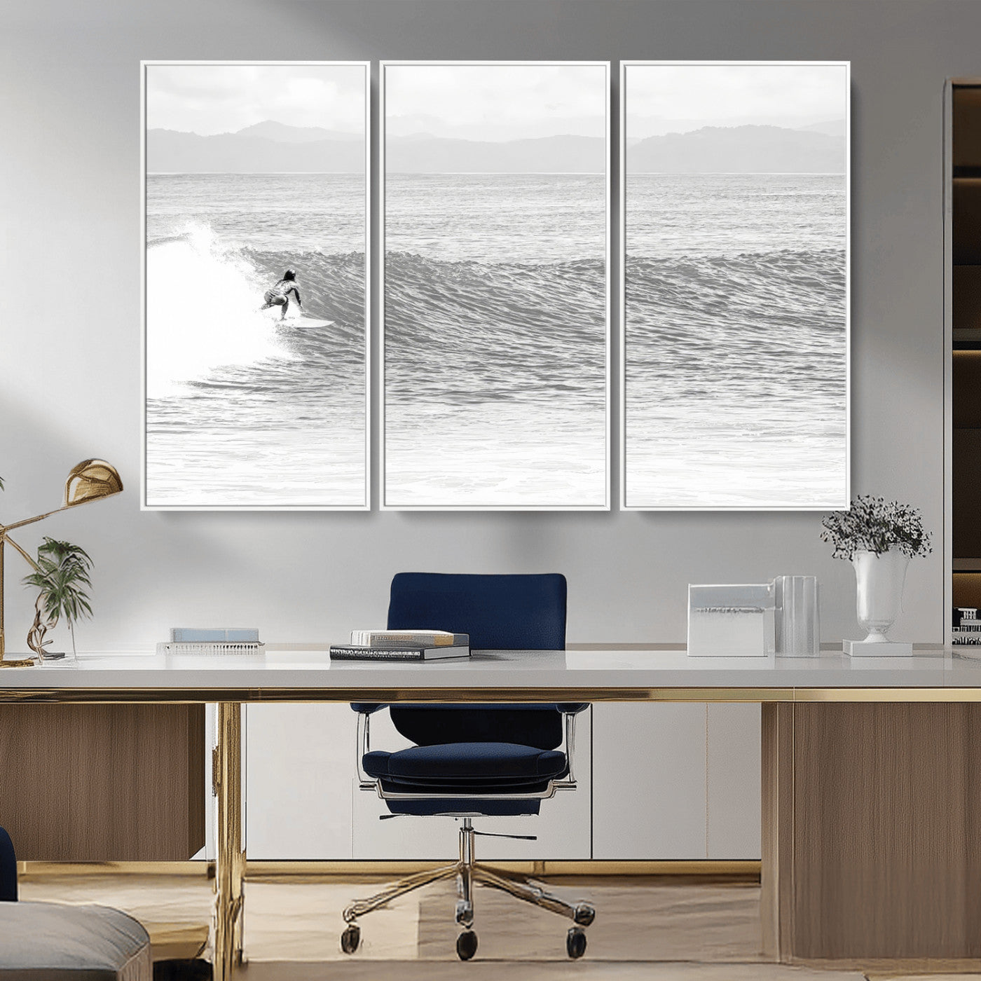 Monochrome photo of a surfer riding a wave with distant mountains, ideal for coastal motion or black and white surf-themed wall decor.