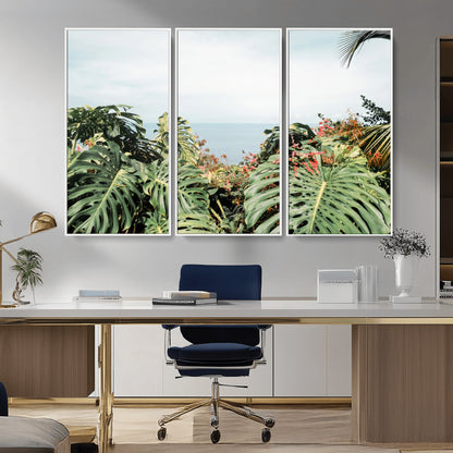 Monstera leaves and tropical flowers framing a calm ocean view, ideal for tropical coastal or exotic jungle-style interior wall decor.