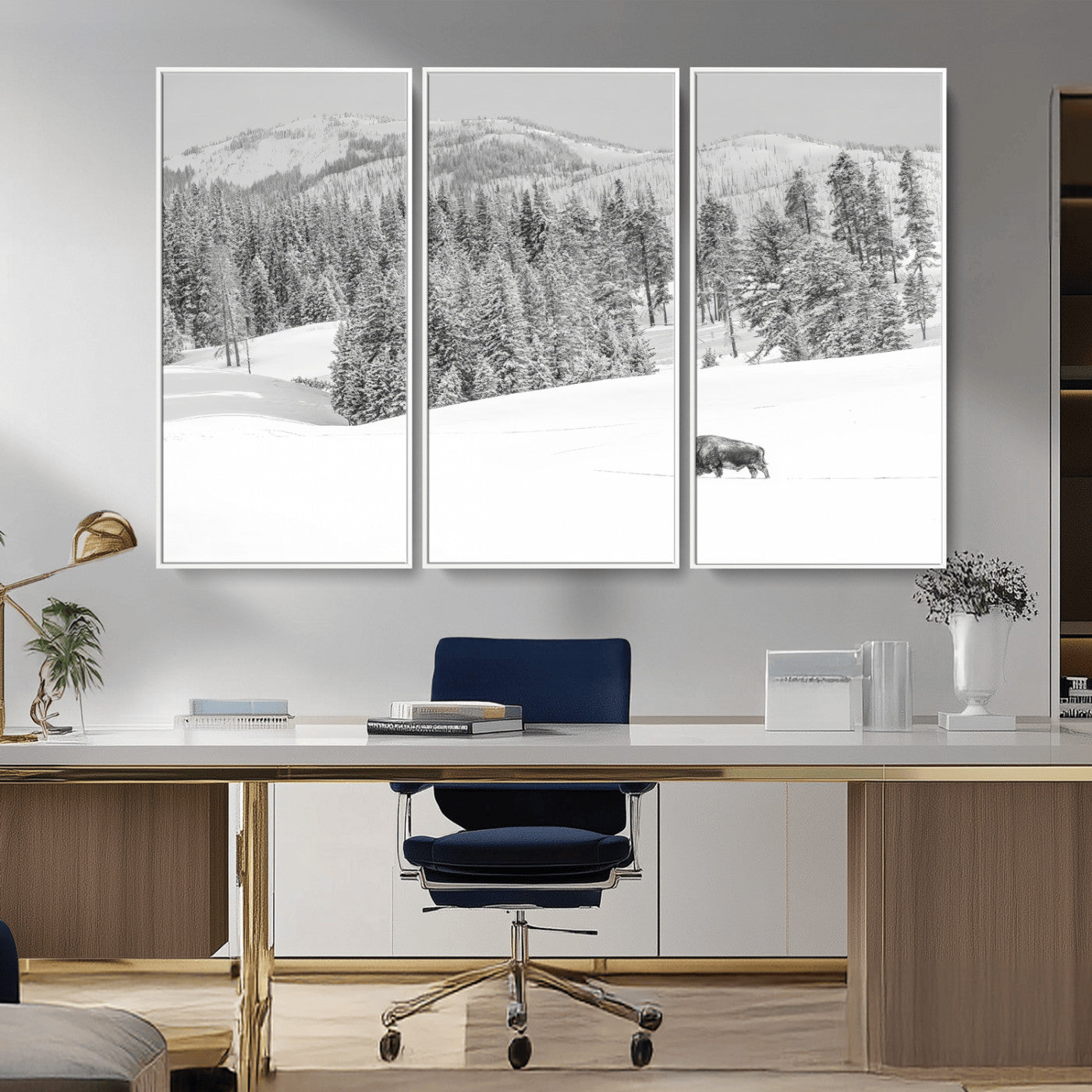 Snowy bison walking through white forest landscape, ideal for monochrome winter or wilderness-style interior wall decoration.