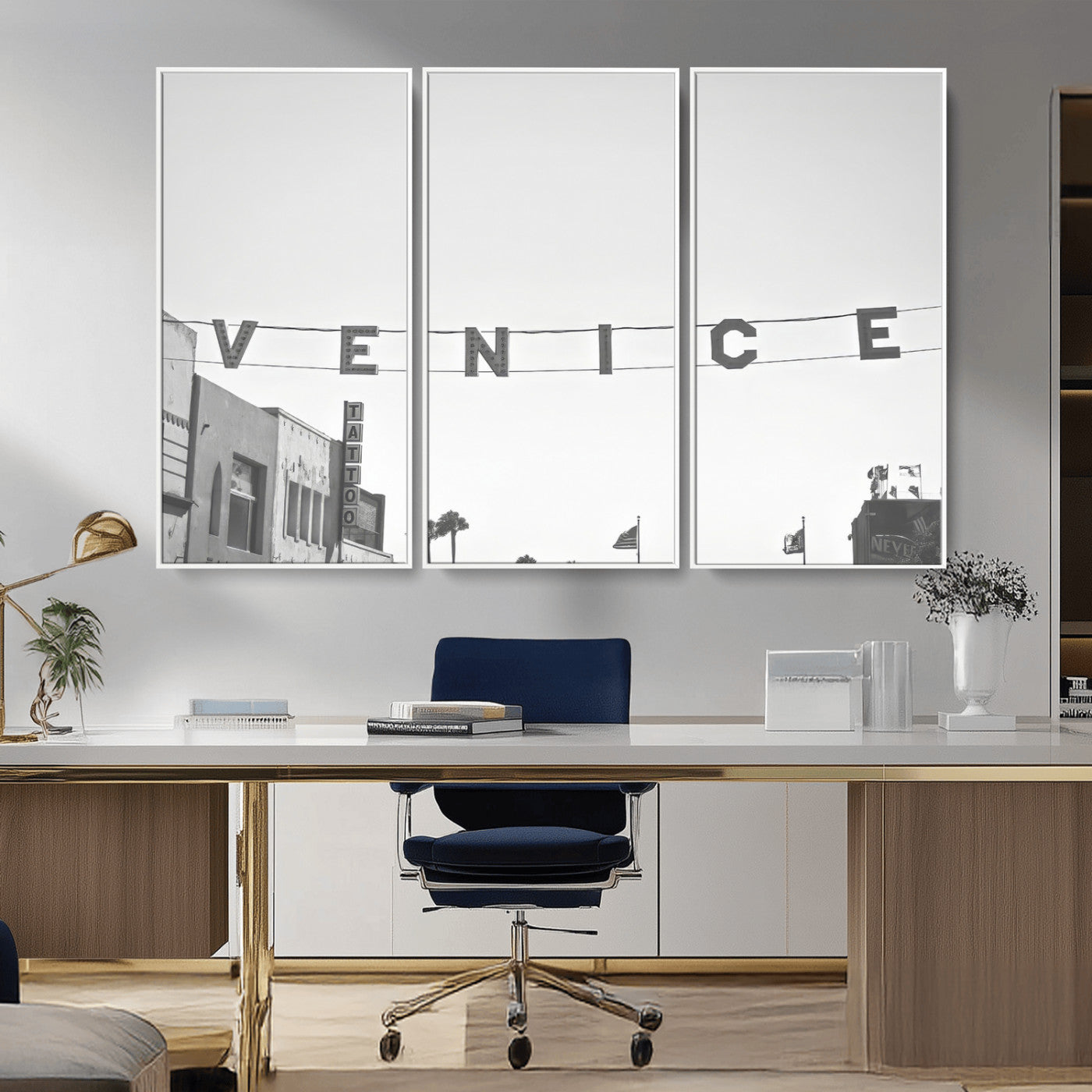 Black and white photo of Venice Beach sign and palm-lined street, perfect for urban coastal or minimalist LA-inspired wall decoration.