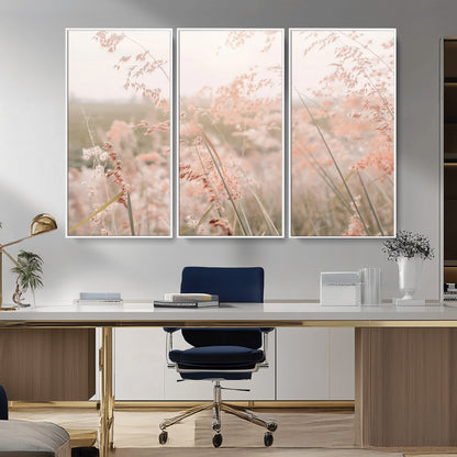 Soft pastel field with wild grasses in warm light, ideal for minimal nature or airy countryside-inspired interior wall decoration.