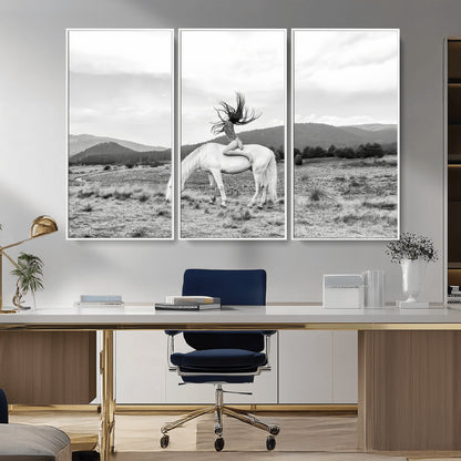 Black and white photo of a woman on a white horse in moody tones, ideal for Western Boho or modern rustic-style home decor.