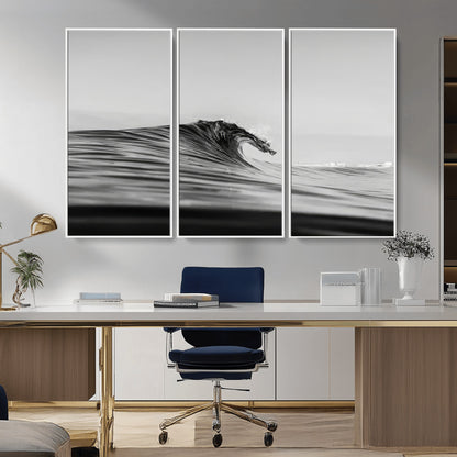 Striking black and white photo of a curling wave, ideal for modern coastal or minimalist wall decor settings.