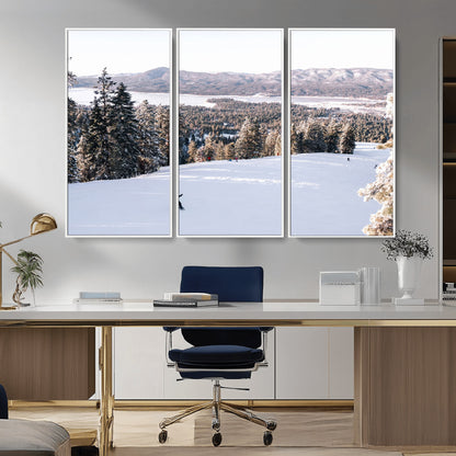 Canvas of a snowy mountain ski slope with pine trees and bright winter light, ideal for modern rustic or alpine-inspired home decor.