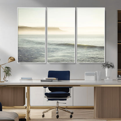 Canvas of a misty ocean scene with coastal cliffs and soft neutral tones, ideal for Scandinavian coastal or minimalist nature-inspired home decor.