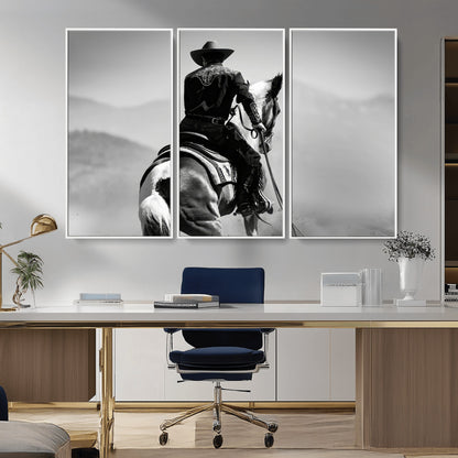 Black and white canvas of a cowboy on horseback with moody tones, perfect for rustic western or country-inspired home decor.
