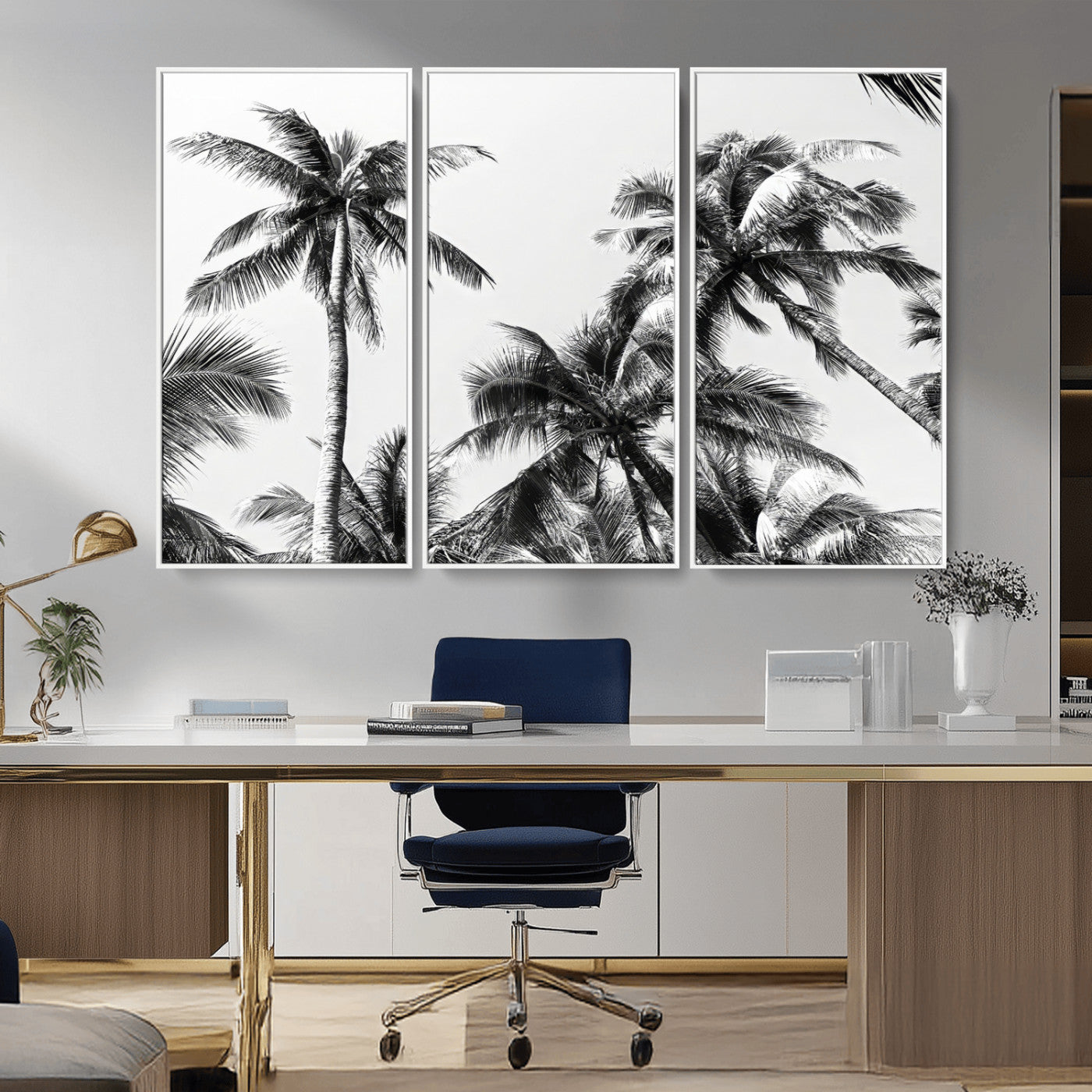 Black and white canvas of tall palm trees in moody tones, perfect for modern tropical minimalist or coastal-style home decor.