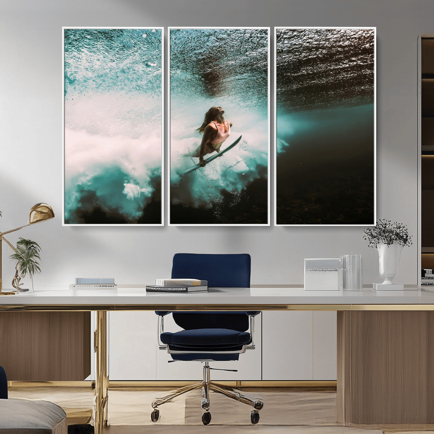 Vibrant underwater photo of a female surfer diving through turquoise waves, perfect for coastal boho or surf-inspired home decor.