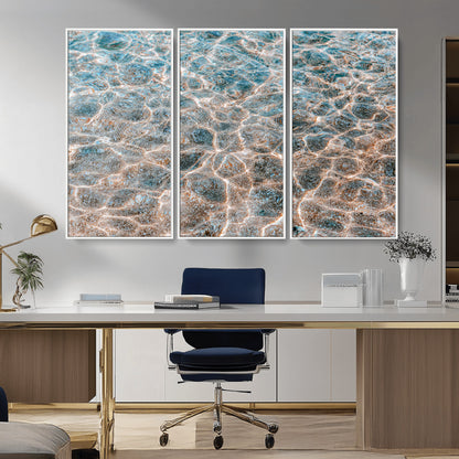 Close-up of sunlit ocean ripples with aqua blue and golden tones, ideal for modern coastal or minimalist home decor.