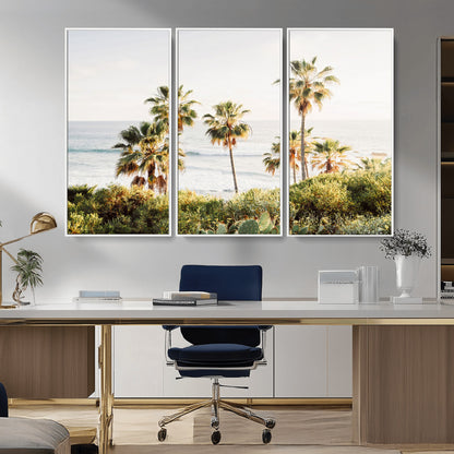 Framed print of sunlit palm trees on the California coast with warm tones, perfect for coastal minimalist or beach-style home decor.