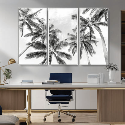 Black and white tropical palm trees viewed from below, swaying gently against a bright sky, creating a serene and elegant coastal atmosphere.