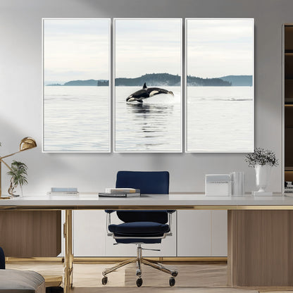 An orca jumping out of calm ocean waters with a misty island in the background, creating a serene and minimalist marine wildlife scene.