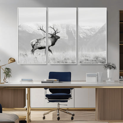 Black and white photograph of a majestic elk standing in a grassy field with snow-capped mountains in the background, creating a bold and rustic wilderness scene.