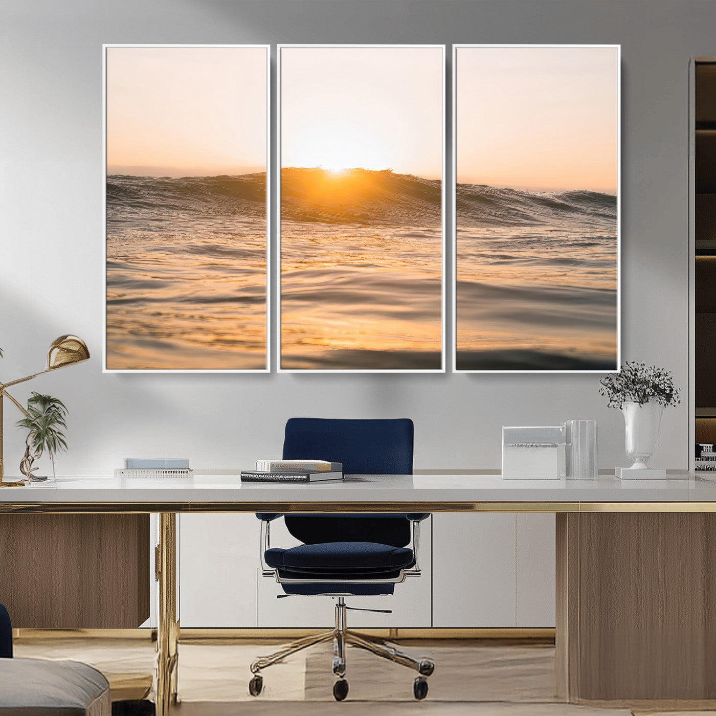 Ocean waves glowing under a warm golden sunset, reflecting soft light and calm movement, perfect for warm minimalist coastal interiors.