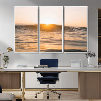 Ocean waves glowing under a warm golden sunset, reflecting soft light and calm movement, perfect for warm minimalist coastal interiors.