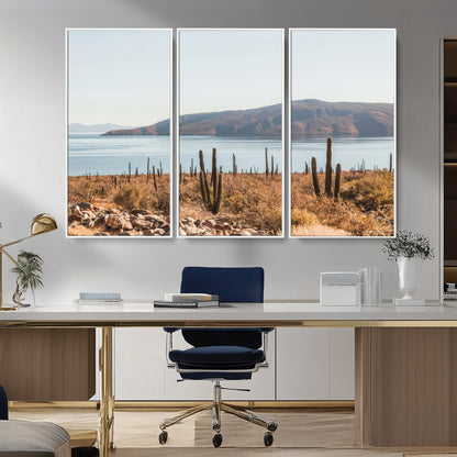 Warm desert landscape with cacti and coastal mountains, perfect for southwestern or earthy calm-themed home wall decor.