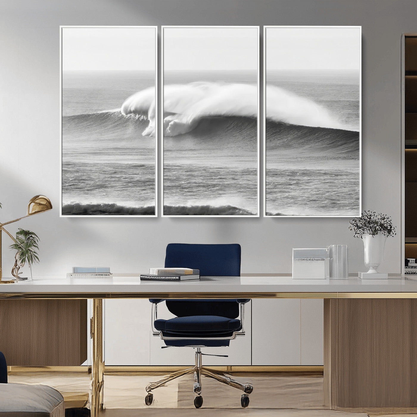 A dramatic black and white ocean wave crashing with immense force, capturing the raw power and movement of the sea in a bold seascape.
