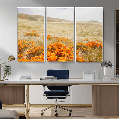 A golden field with vibrant orange poppies blooming across rolling hills under a soft, sunlit sky, creating a warm and rustic landscape.