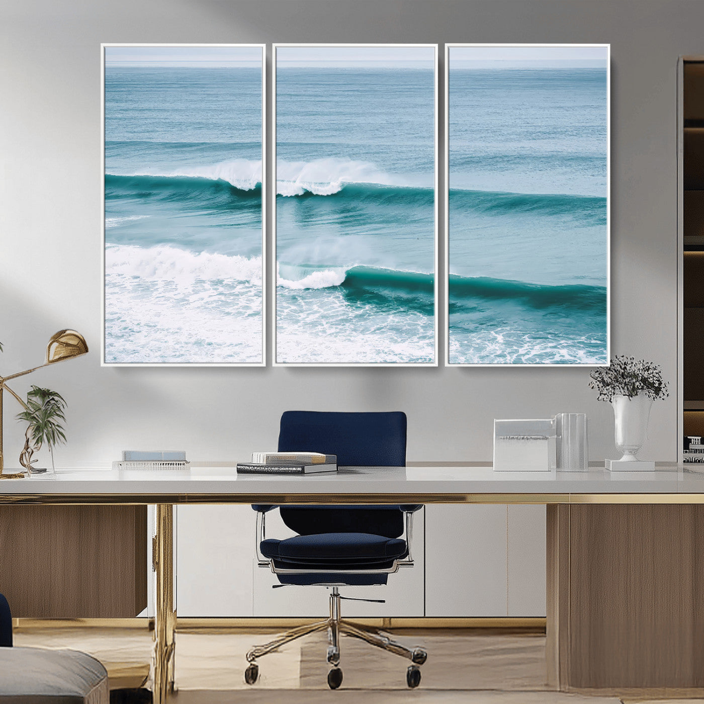 Powerful ocean waves rolling towards the shore, their turquoise hues blending with white sea foam under an open horizon, capturing the essence of the ocean's movement.
