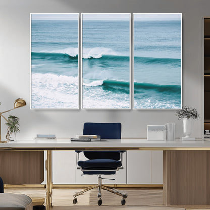 Powerful ocean waves rolling towards the shore, their turquoise hues blending with white sea foam under an open horizon, capturing the essence of the ocean's movement.